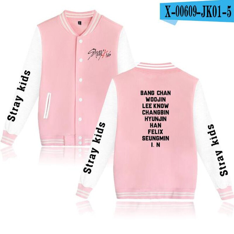 KPOP Stray Kids Baseball Uniform Bomber Jacket Women Men Streetwear Hip Hop Long Sleeve Pink Hoodie 1 - Stray Kids Store
