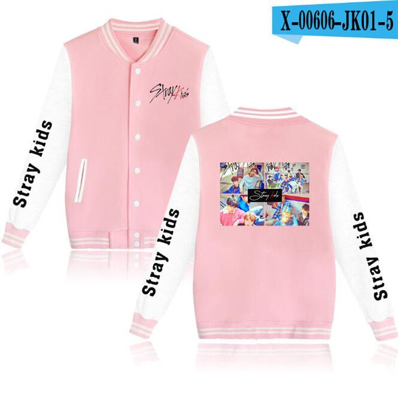 KPOP Stray Kids Baseball Uniform Bomber Jacket Women Men Streetwear Hip Hop Long Sleeve Pink Hoodie 2 - Stray Kids Store